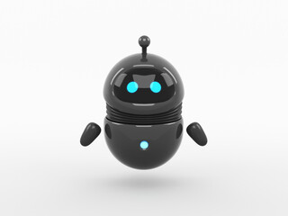 Cute black robot with screen face and blue eyes, 3d render isolated on white background, rounded bot assistant