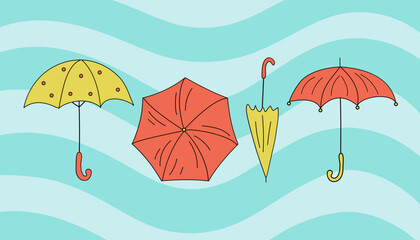 Set of drawings of umbrellas in doodle style. Vector cartoon icons, illustration on a colored isolated background.