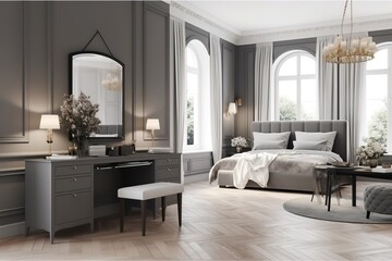 Bedroom in a minimalist style | Modern bedroom interior | contemporary bedroom | Stylish bedroom interior | Interior view of bedroom | Bedroom interior. 3d render, Generative AI.