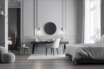 Bedroom in a minimalist style | Modern bedroom interior | contemporary bedroom | Stylish bedroom interior | Interior view of bedroom | Bedroom interior. 3d render, Generative AI.