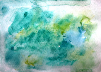 Watercolor paper texture. Blue, turquoise and green shades. White spots. Watercolor blur. 
