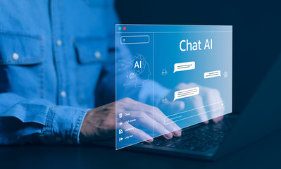 ChatGPT, Chat with AI or Artificial Intelligence technology. Man using a laptop computer chatting with an intelligent artificial intelligence asks for the answers he wants. Smart assistant futuristic, - obrazy, fototapety, plakaty