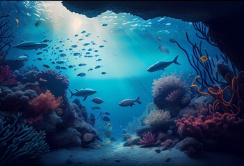 Fototapeta na wymiar Ocean underwater background with corals, algae and flocks of small fish, blue dark seabed template background in flat style, illustration of open deep sea ocean. Generative AI
