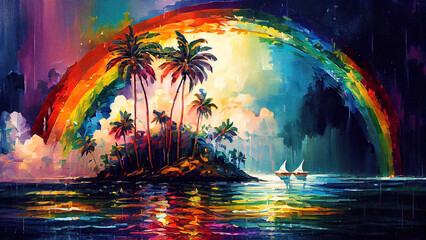 Fototapeta na wymiar A stunning tropical island paradise with palm trees, crystal clear waters, and a vibrant rainbow stretching across the sky, generative ai illustration.