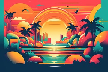 Abstract illustration Miami Holliday retro theme. Vivid colors. Generative AI. - obrazy, fototapety, plakaty