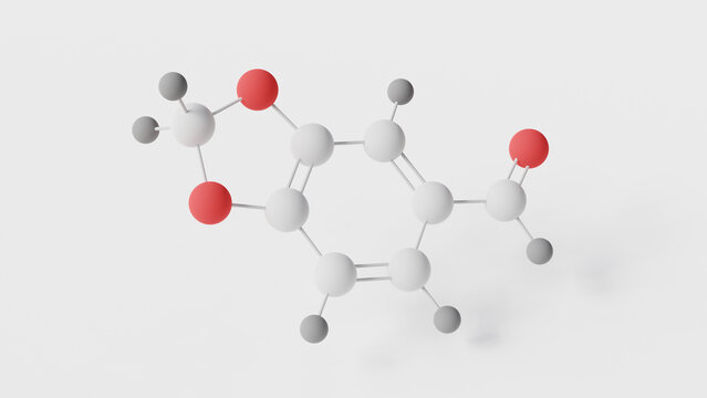 piperonal molecule 3d, molecular structure, ball and stick model, structural chemical formula heliotropin