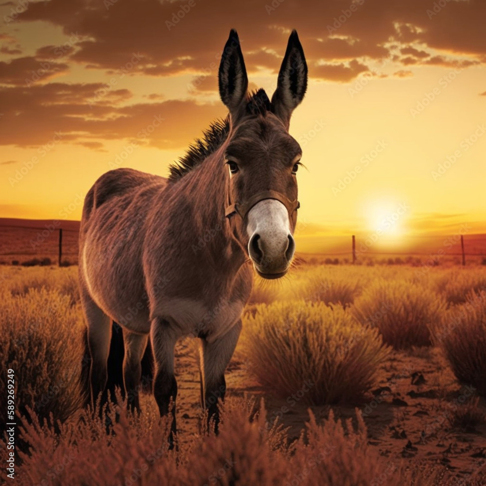 Wall mural Portrait of a donkey at sunset. Generative AI.	
