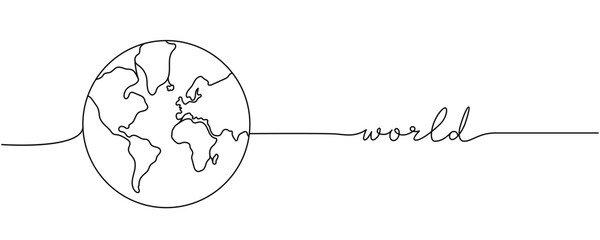 World - word with planet silhouette one line. Minimalist drawing of phrase illustration. Earth silhouette continuous one line illustration.
