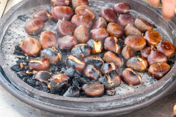 Roasting chestnuts on a grill. Preparing edible chestnuts on smoker cooker.