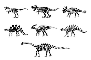Fototapeta na wymiar Set of dinosaur skeletons. Triceratops, Tyrannosaurus, Kentrosaurus, Brahiosaurus, Velociraptor, Stegosaurus, Parasaurolophus. Dinosaurs bones