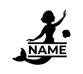 Mermaid with name monogram. Kids name monogram. Mythical tale character logo. Little creature with tail. Magical mermaid black symbol