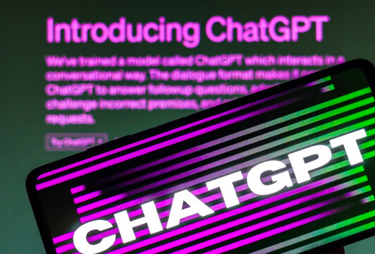 April 5, 2023, Brazil. In this photo illustration, the ChatGPT logo is seen displayed on a smartphone and background the page introducing ChatGPT.