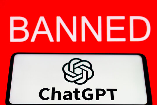 April 5, 2023, Brazil. In this photo illustration, the ChatGPT logo is seen displayed on a smartphone and the banned text on the red background.