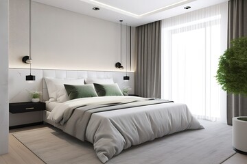 Fototapeta na wymiar Modern classic bedroom 3d render. The rooms have wooden floors and white walls. Furnished with black wood furniture | Stylish bedroom interior | Bedroom interior. 3d render, Generative AI