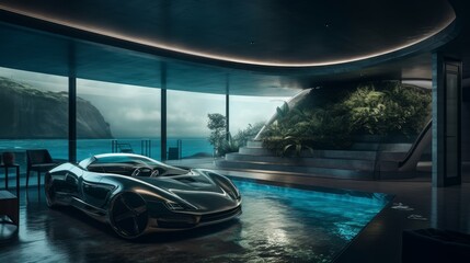 Oceanic Opulence: Luxury Home with Bioluminescent Exterior and Hydroponic Garden, Featuring Amphibious Bright-Light Supercar on the Ocean Floor, Generative AI