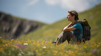 Naklejka na ściany i meble Hiker woman traveler sitting in countryside meadow hill, enjoying the valley landscape view 