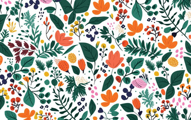 Seamless pattern with leaves & flowers
