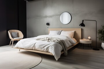 Fototapeta na wymiar Interior of beautiful modern bedroom | bedroom with bed in front of the wall, 3d render | Loft and modern bedroom | Nordic style bedroom | Stylish bedroom interior in trendy, Generative AI