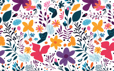 Seamless pattern with abstract leaves & flowers