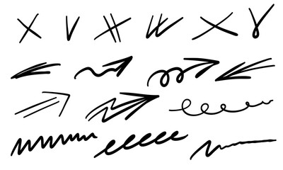 Sketch marker arrows, underline,  lines, check mark set. Hand drawn brush arrow check mark underline. Vector freehand illustration on white background.