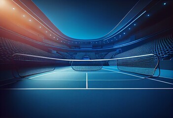 Fototapeta na wymiar Blue tennis court and illuminated indoor arena with fans, upper side view, professional tennis sport 3d illustration background. Generative AI