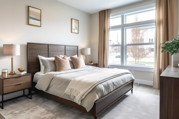 Modern contemporary loft bedroom | Luxurious large bedroom | Home interior, Scandinavian style bedroom mock up, 3d rendering | Modern bedroom interior with concrete walls, Generative AI