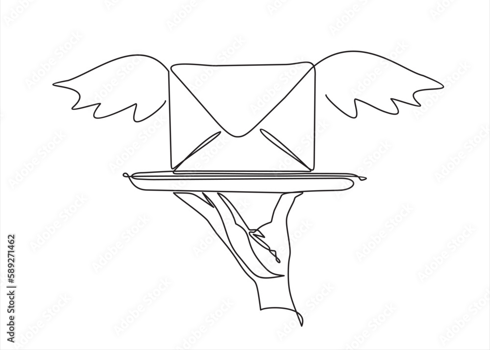 Poster continuous one line drawing of hand holds a dish with an envelope with wings. mail delivery concept.