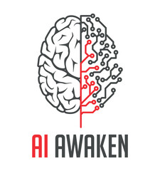Artificial intelligence awaken -  concept logo - human brain and  integrated circuit