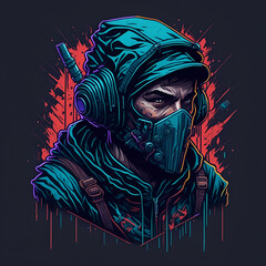 hacker face, hood, samurai, print, t-shirt, illustration, generative, ai, generative ai