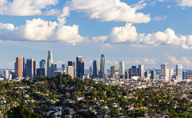 Downtown Los Angeles Skyline during a beautiful clear day with clouds
