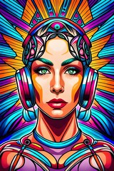 Dmt psychedelic trippy sacred geometry hyperbolic geometry patterned portable of a beautiful woman's face wearing headphones, bright colours, highly detailed, vaperwave, --ar 2:3