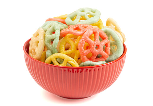 Cooked Colour Rainbow Wheel Fryums Isolated on a White Background