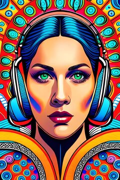 Dmt psychedelic trippy sacred geometry hyperbolic geometry patterned portable of a beautiful woman's face wearing headphones, bright colours, highly detailed, vaperwave, --ar 2:3