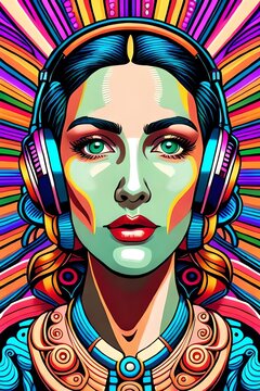 Dmt psychedelic trippy sacred geometry hyperbolic geometry patterned portable of a beautiful woman's face wearing headphones, bright colours, highly detailed, vaperwave, --ar 2:3