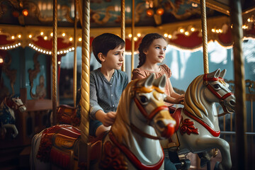 Happy boy and girl riding horses in an amusement park ride a carousel in summer, vintage classic horses. Generative AI - obrazy, fototapety, plakaty