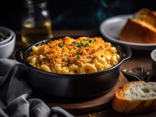 A bowl of creamy and comforting mac and cheese with crispy breadcrumbs on top