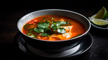 Closeup of a bowl of tomato soup with basil leaves and double cream