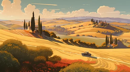 Tuinposter Illustration with a beautiful view of the hills of Tuscany, Italy © proslgn