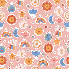 Groovy seamless pattern with cartoon weather characters. Cute sun, moon, cloud, rainbow, star with heart on pink background. Vector Illustration for wallpaper, design, textile, packaging, decor.