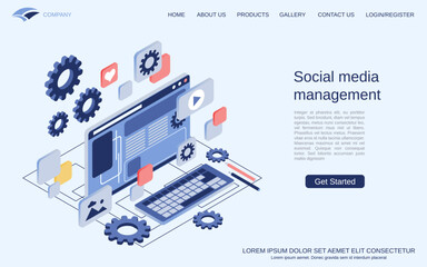 Social media management modern 3d isometric vector concept illustration. Landing page design template