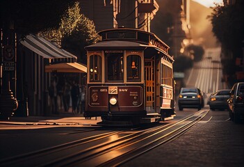 Plakat AI generated of historic Cable Cars riding across San Francisco. Generative AI