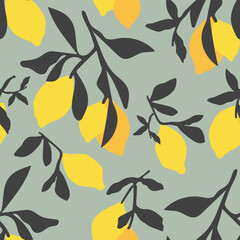 Citrus seamless pattern with lemons.Vector background with lemons and leafs.Citrus textile fabric.Summer colorful background.Textile texture with lemons