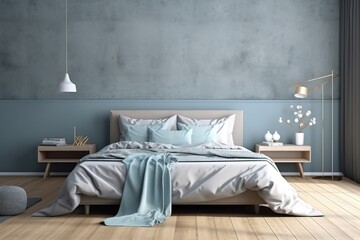 blue modern bedroom | Coloured modern white and blue bedroom with big panoramic window | blue bedroom in apartment | Interior view of luxurious blue bedroom with bed, Generative AI