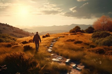 A hiker walking on a trail at sunset. Generative AI.