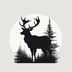 silhouette of deer in forest. Horned deer..