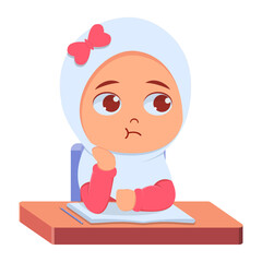 Cute girl daydreaming on table with book and pencil