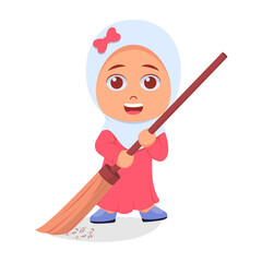 Cute girl sweeping the yard,happy face