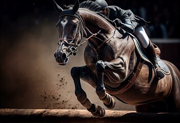 Sport horse jumping over a barrier on a obstacle course, rider in uniform performing jump at show jumping competition. Generative AI - obrazy, fototapety, plakaty