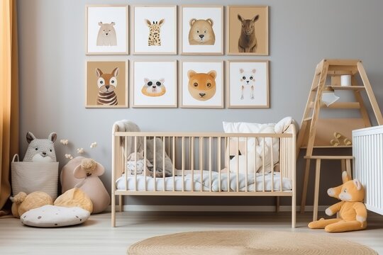 Modern child room interior with comfortable bed and desk | Desk, chair and single bed with bedding in cosy bedroom interior for children, Generative AI