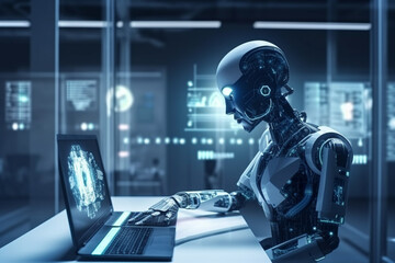 Futuristic android or AI cyborg robot digital intelligence concept. Artificial intelligence machine in the metaverse concept. AI generated